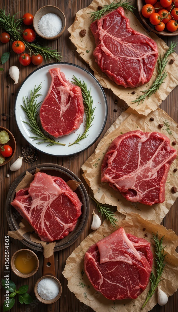 Fresh Raw Meat Cuts with Herbs and Vegetables on Wooden Table Fresh Raw Meat Cuts with Herbs and Vegetables on Wooden Table