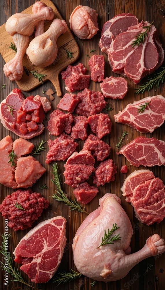 Fresh Cuts of Meat and Poultry on Wooden Background with Herbs