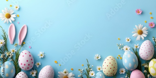 Wallpaper Mural Colorful Easter Eggs with Floral Accents and Bunny Ears on Blue Background Perfect for Spring Celebrations and Holiday Decorations Torontodigital.ca