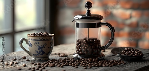 A stylish coffee station with a French press coffee beans and a vintage ceramic cup