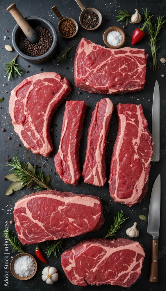 Fresh Raw Beef Cuts with Spices and Herbs on Dark Background Fresh Raw Beef Cuts with Spices and Herbs on Dark Background