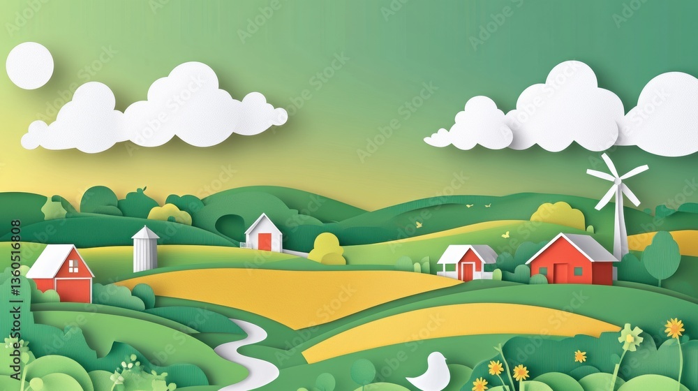 Naklejka premium Charming rural landscape in paper cut style featuring green fields, barns, windmills, and fluffy clouds in a warm countryside setting