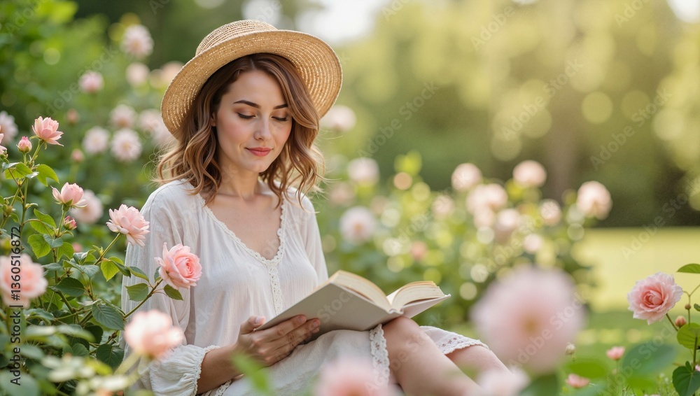 Obraz premium A woman reads a book surrounded by roses on a blurred background of a blooming garden