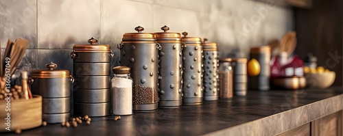 A stylish kitchen counter with a collection of metal canisters filled with spices salt and pepper