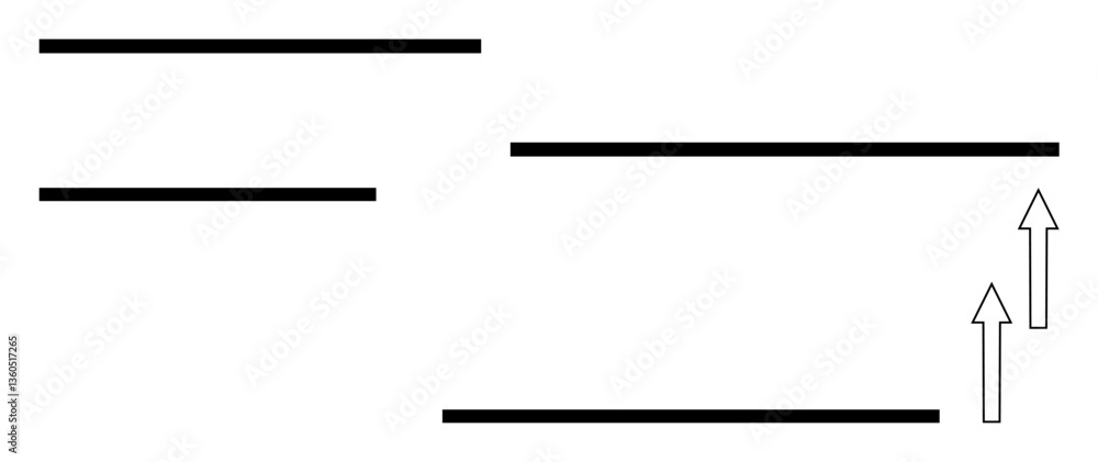 Black horizontal lines organized in layers with two upward arrows denoting movement, growth, and progress. Ideal for concepts thumbs up growth, hierarchy, data trends, development, efficiency Black horizontal lines organized in layers with two upward arrows denoting movement, growth, and progress. Ideal for concepts thumbs up growth, hierarchy, data trends, development, efficiency