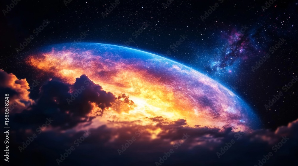 Obraz premium Vibrant Celestial Design Dynamic Cosmic Skyscape with Galaxies and Stars - Astronomical Visual Content for Digital Marketing and STEM Engagement