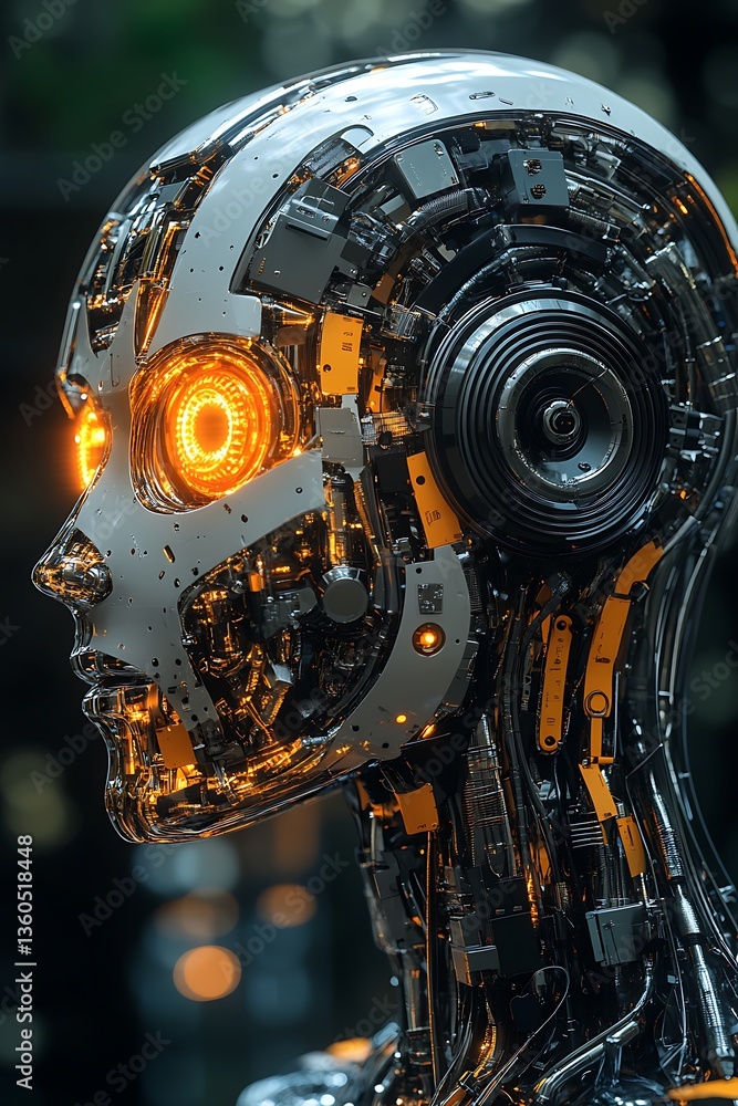 Fototapeta premium Robotic Head with Glowing Eyes, and Closeup.