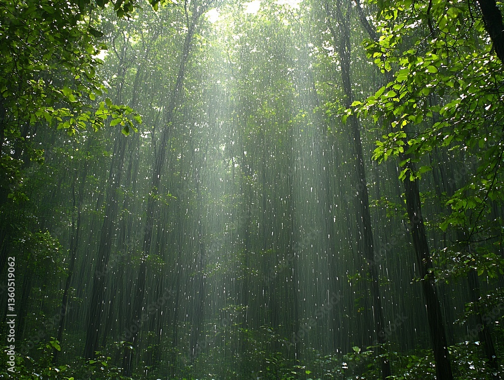 Obraz premium Sunbeams in Lush Forest Rain.