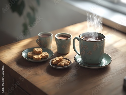 A stylish kitchen scene with a set of ceramic cups a small plate of cookies and a steaming mug of hot chocolate