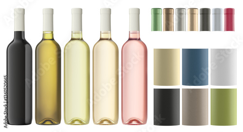 Bottle of white wine, tipe bordolese deco 75cl, alpha channel background, with stackable capsules on transparent, to make packshot and mockup.