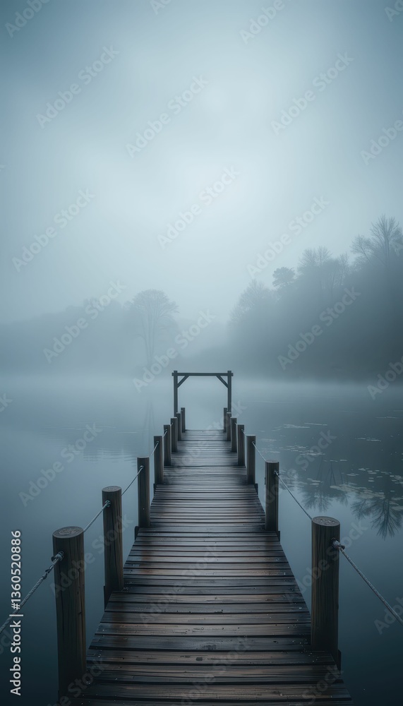 Fototapeta premium Serene Foggy Morning Over Tranquil Lake with Wooden Pier