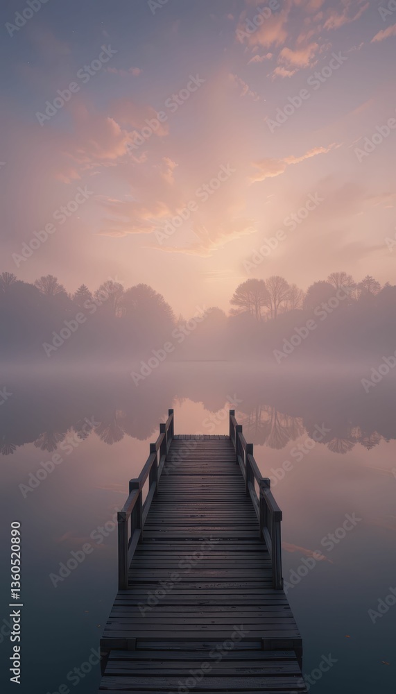 Fototapeta premium Tranquil Dock on Serene Lake at Dawn with Mist and Soft Light
