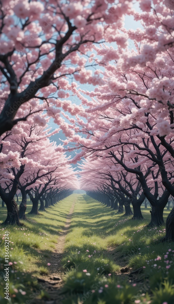 Obraz premium Serene Cherry Blossom Pathway Surrounded by Lush Greenery