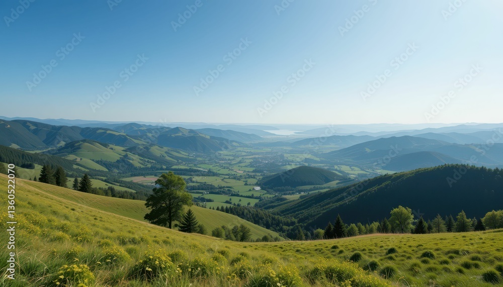 Naklejka premium Scenic View of Rolling Hills and Valleys Under Clear Blue Sky