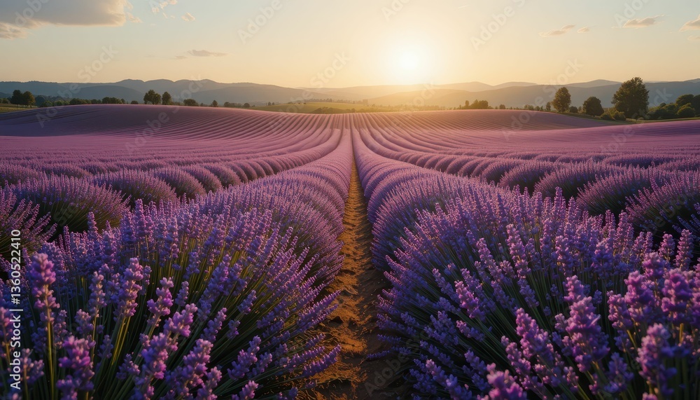Obraz premium Beautiful Lavender Field at Sunset with Scenic Mountain View