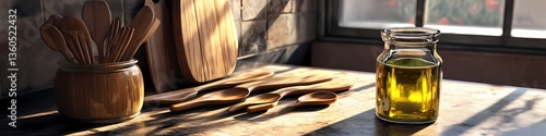 A stylish kitchen with a collection of high-quality wooden utensils resting on a countertop next to a jar of olive oil