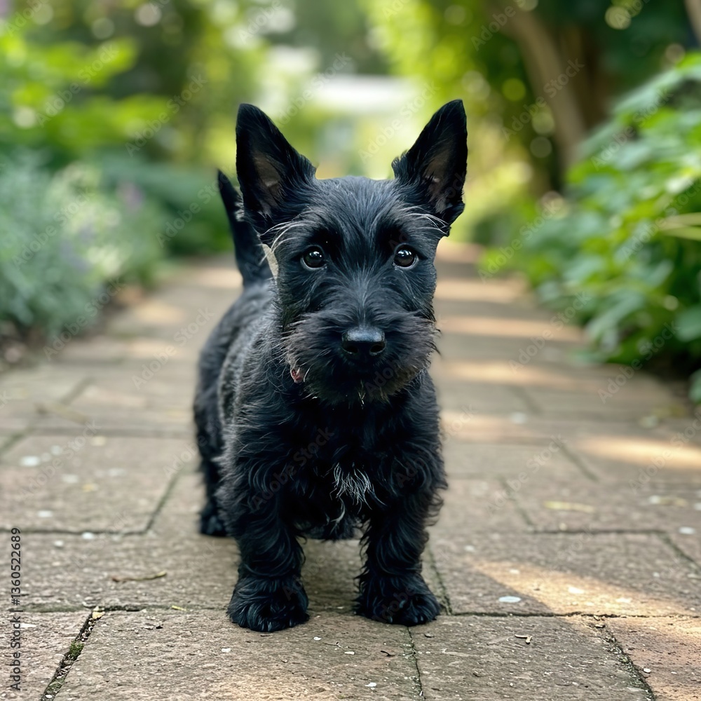 Adorable Scottish Terrier Puppy with Bushy Eyebrows on Stone Path – Cute Black Dog Outdoors Adorable Scottish Terrier Puppy with Bushy Eyebrows on Stone Path – Cute Black Dog Outdoors
