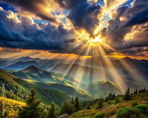 Sun rays mountain landscape. A beautiful landscape view with sun beams through clouds from the top of a mountain.