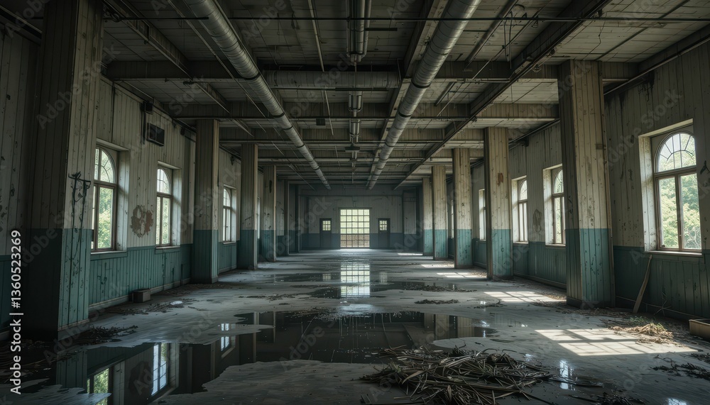 Abandoned Industrial Space with Large Windows and Water Reflection Abandoned Industrial Space with Large Windows and Water Reflection