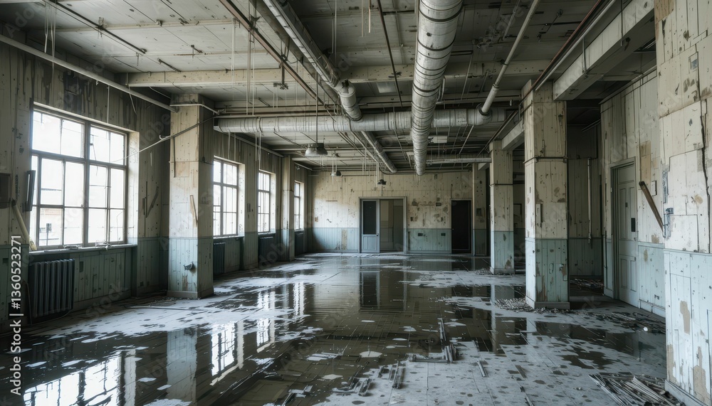 Obraz premium Abandoned industrial interior with peeling walls and water puddles