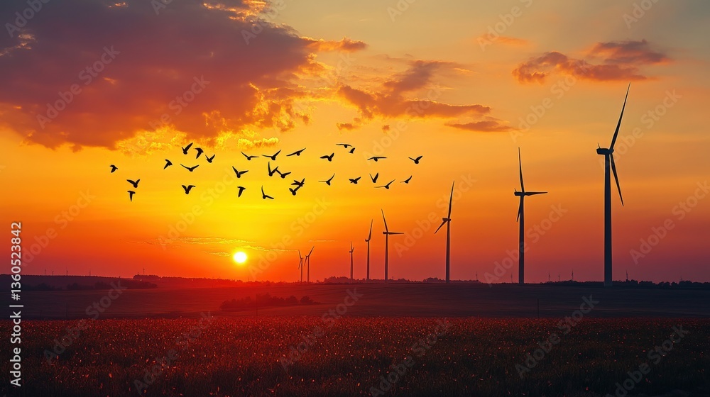 Obraz premium A beautiful sunset features wind turbines and flying birds silhouettes