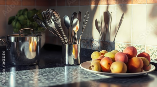 A stylish set of stainless steel utensils arranged neatly next to a plate of fresh fruit on a kitchen counter