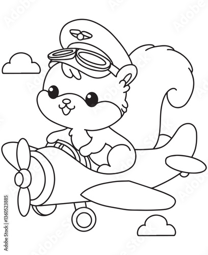 Coloring book squirrel pilot flying a plane under a cloudy sky. Fun line art for coloring, featuring an aviation scene