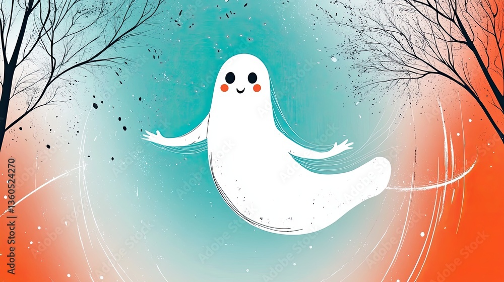 A cartoonish ghost with a wide-eyed, surprised look hovers playfully against a vibrant orange backdrop, adding a fun and lighthearted vibe to the typically eerie character A cartoonish ghost with a wide-eyed, surprised look hovers playfully against a vibrant orange backdrop, adding a fun and lighthearted vibe to the typically eerie character