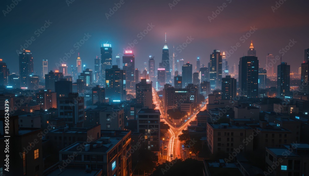 Obraz premium Night Scene of a Vibrant Cityscape with Neon Lights and Skyline