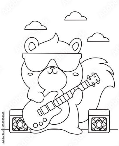 Coloring book squirrel rockstar with a guitar and speakers under a cloudy sky. Fun line art for coloring, featuring a musical scene 