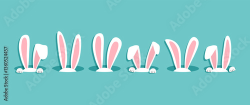 Easter rabbit in hole, ears bunny, cartoon character. Cute animal head with ear bg, spring funny pet set on color background. Simple vector illustration