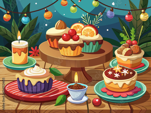 vector of holiday dessert display, mini cheesecakes displayed on a rustic wooden table with christmas decorations in the background and space for text