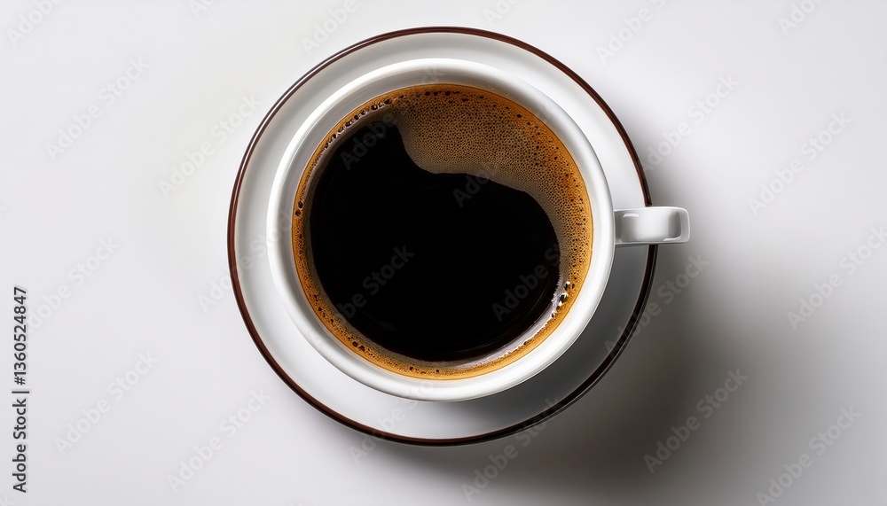 Overhead view of a freshly brewed black coffee in a white cup on a simple white background Overhead view of a freshly brewed black coffee in a white cup on a simple white background