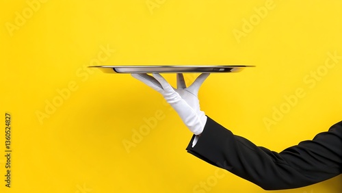Waiter hand holding silver tray against yellow background