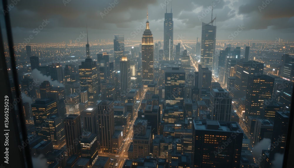 Fototapeta premium Night Cityscape from High Perspective with Dramatic Cloudy Sky