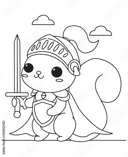 Coloring book squirrel knight with a sword and shield under a cloudy sky. Fun line art for coloring, featuring a fantasy adventure 