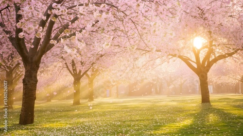 Obraz na płótnie serene park with cherry blossom trees in full bloom, pink petals gently falling, warm golden sunlight filtering through the branches, soft focus background w salonie