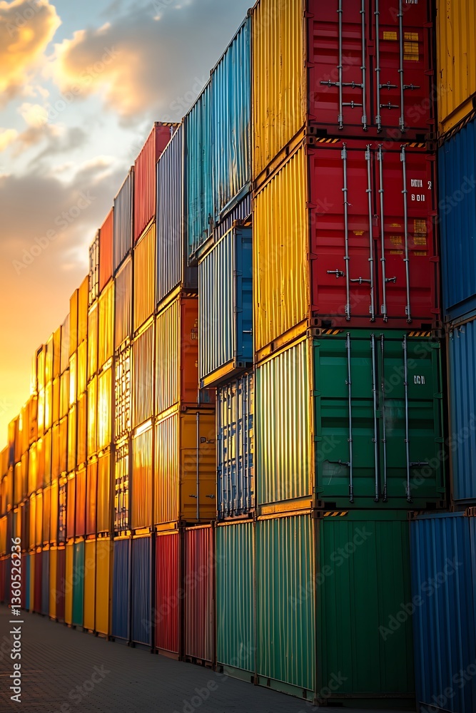 Fototapeta premium Sunset Cargo Containers with Port.