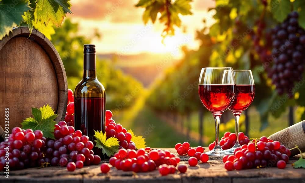 Vineyard Celebration: A rich tableau of winemaking, featuring a bottle of vintage wine, elegant glasses filled with crimson liquid.