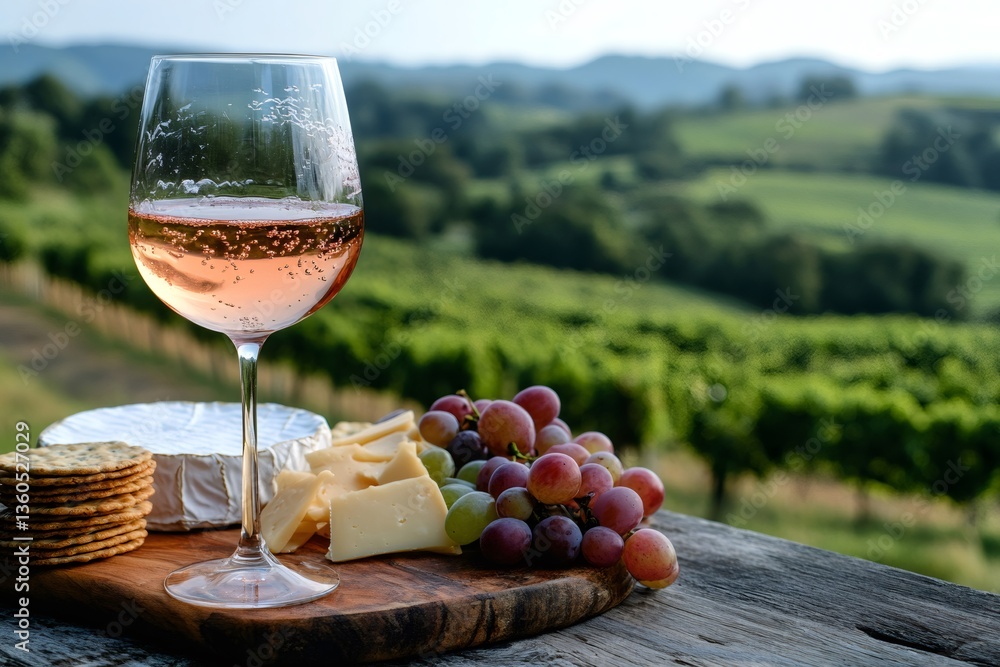 Fototapeta premium Glass of rose wine with cheese and grapes overlooking vineyard at sunset