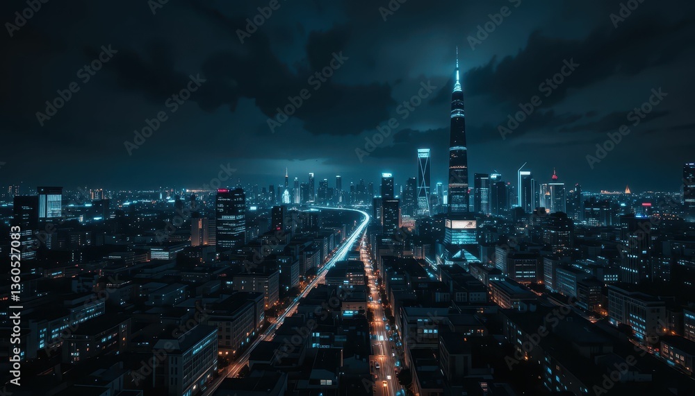 Fototapeta premium Urban Nightscape with Skyscrapers and City Lights in Blue Tones