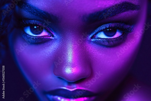 Close-up of a young Black woman's face, illuminated in vibrant purple and blue hues. Her intense gaze and striking features are emphasized by the dramatic lighting.