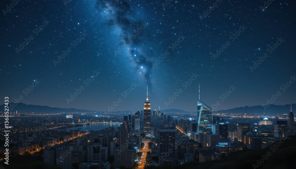 Fototapeta premium Night Sky Over Cityscape with Stars and Milky Way View