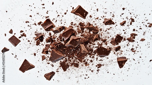 Dramatic chocolate splash composition featuring floating pieces and intense movement