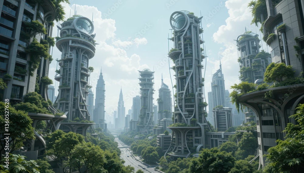 Obraz premium Futuristic Urban Landscape with Towering Structures and Greenery
