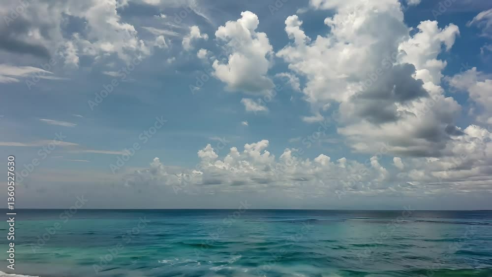 Calm Ocean Horizon With Fluffy Clouds And Blue Sky