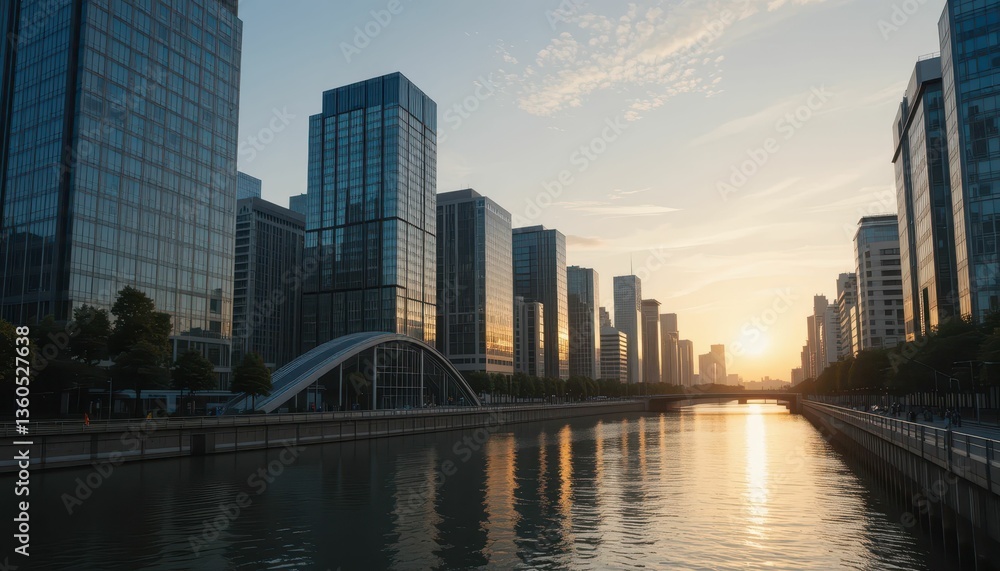 Fototapeta premium Serene Sunset Over Urban Skyline Reflecting on Waterway