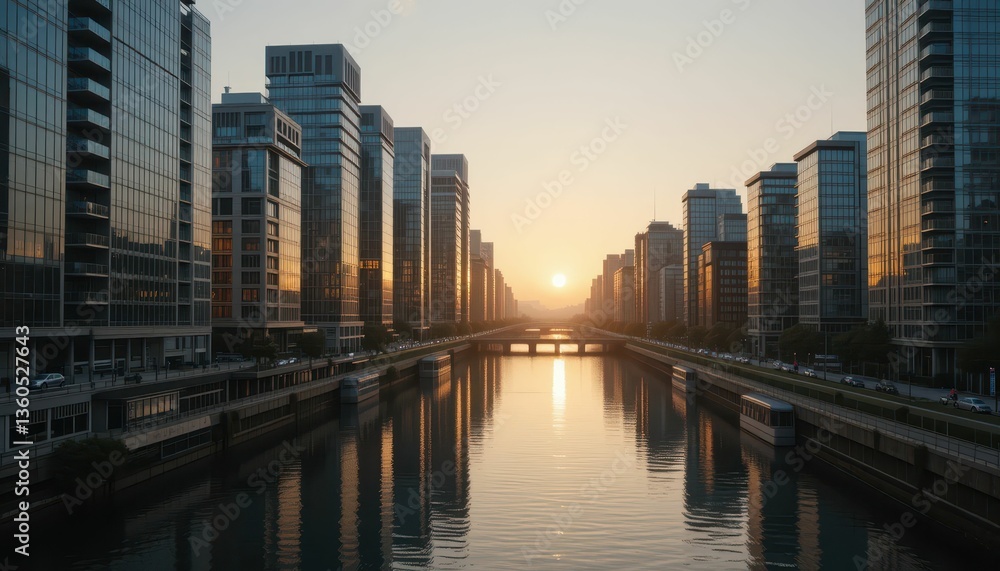 Fototapeta premium Serene Urban Sunset Over Calm River with Reflective Skyscrapers