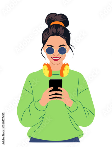 Trendy young woman in green hoodie with sunglasses and headphones using smartphone. Modern vector illustration of a stylish girl browsing social media isolated on transparent background