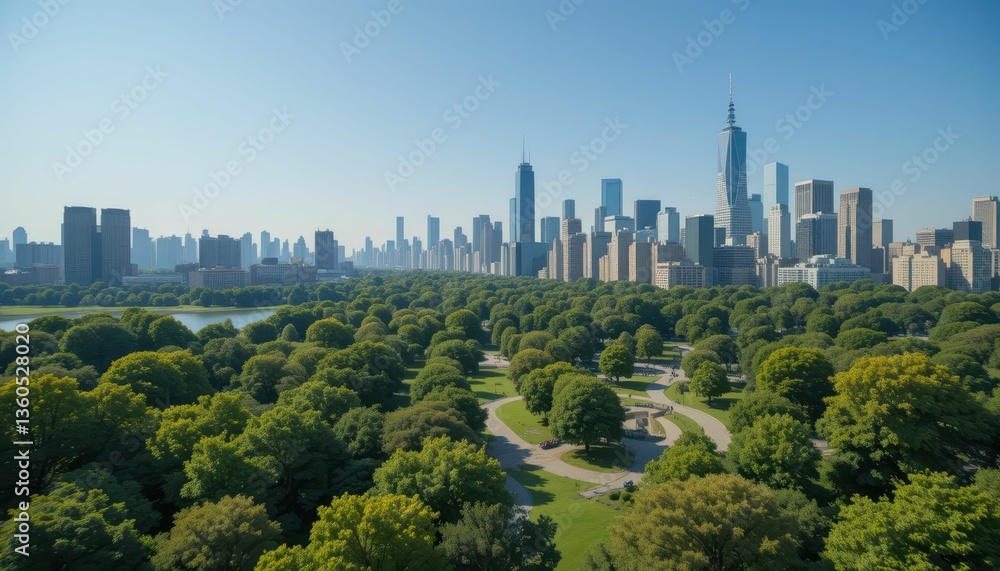 Fototapeta premium Aerial View of Urban Skyline and Lush Green Park Landscaping